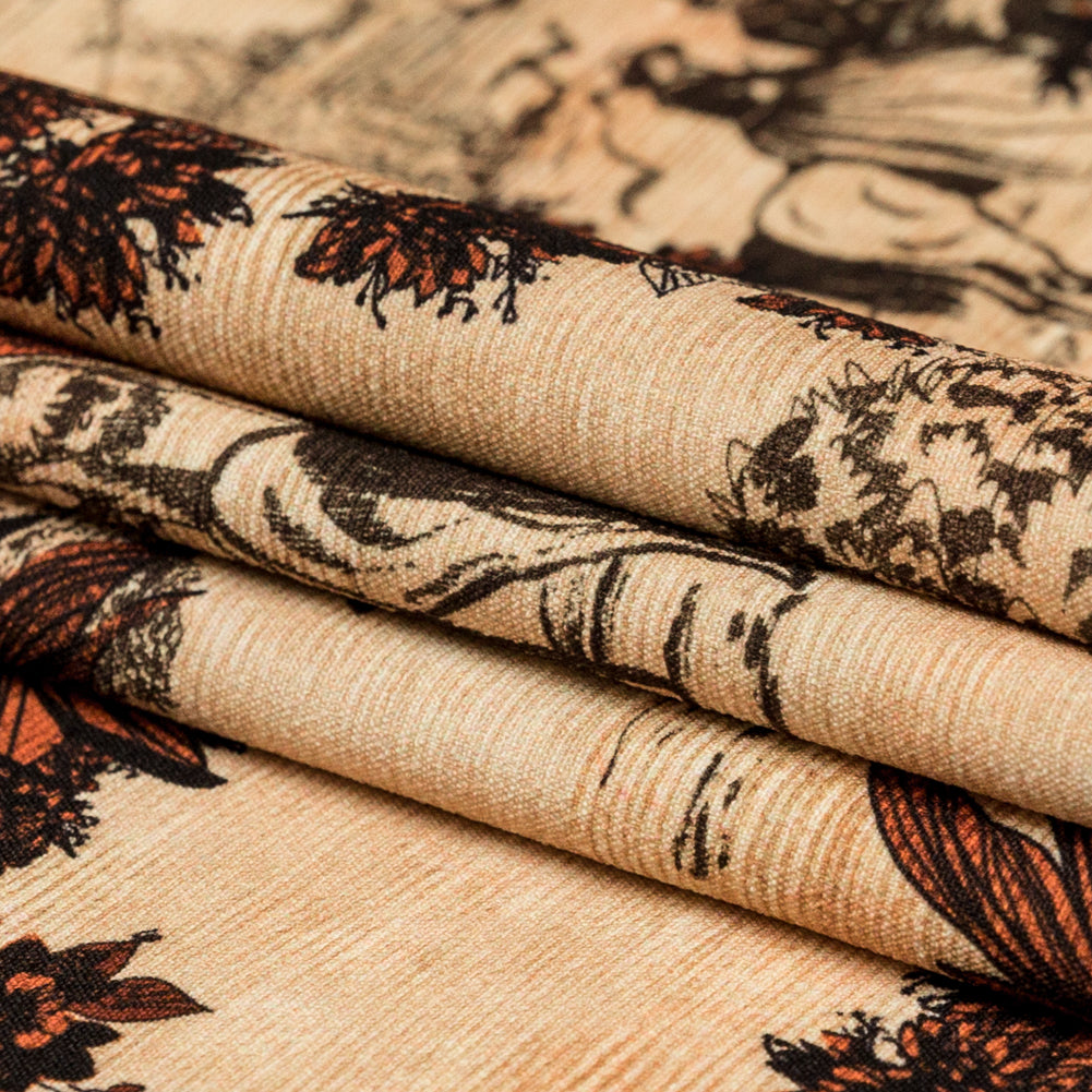 Stretch Polyester Crepe - Orange Floral and Toile - The Strange Dog Print - Mood Exclusive Crow Collection Stretch Polyester Crepe - Orange Floral and Toile - The Strange Dog Print - Mood Exclusive Crow Collection