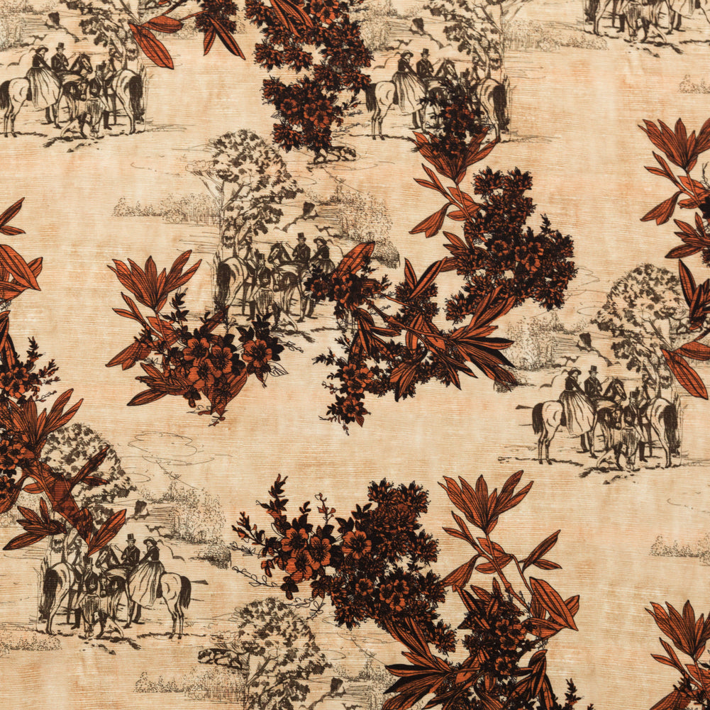Stretch Polyester Crepe - Orange Floral and Toile - The Strange Dog Print - Mood Exclusive Crow Collection Stretch Polyester Crepe - Orange Floral and Toile - The Strange Dog Print - Mood Exclusive Crow Collection