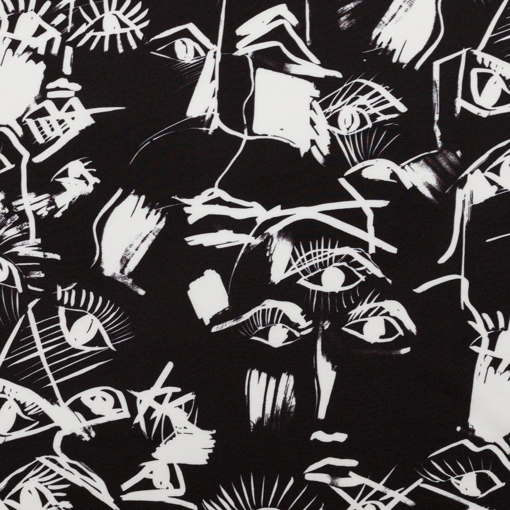Stretch Polyester Crepe - Black and White Sketched Eyes - Ghosts and Family Legends Print - Mood Exclusive Crow Collection Stretch Polyester Crepe - Black and White Sketched Eyes - Ghosts and Family Legends Print - Mood Exclusive Crow Collection