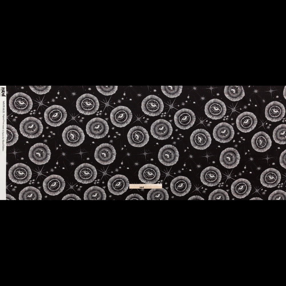 Stretch Polyester Crepe - Black and White Celestial Eyes - Night Side of Nature Print - Mood Exclusive Crow Collection