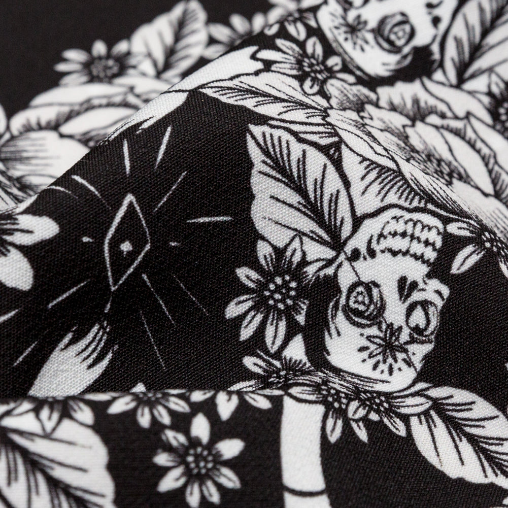 Stretch Polyester Crepe - Black and Star White Roses - Prophetic Dreams Print - Mood Exclusive Crow Collection - Detail Stretch Polyester Crepe - Black and Star White Roses - Prophetic Dreams Print - Mood Exclusive Crow Collection - Detail