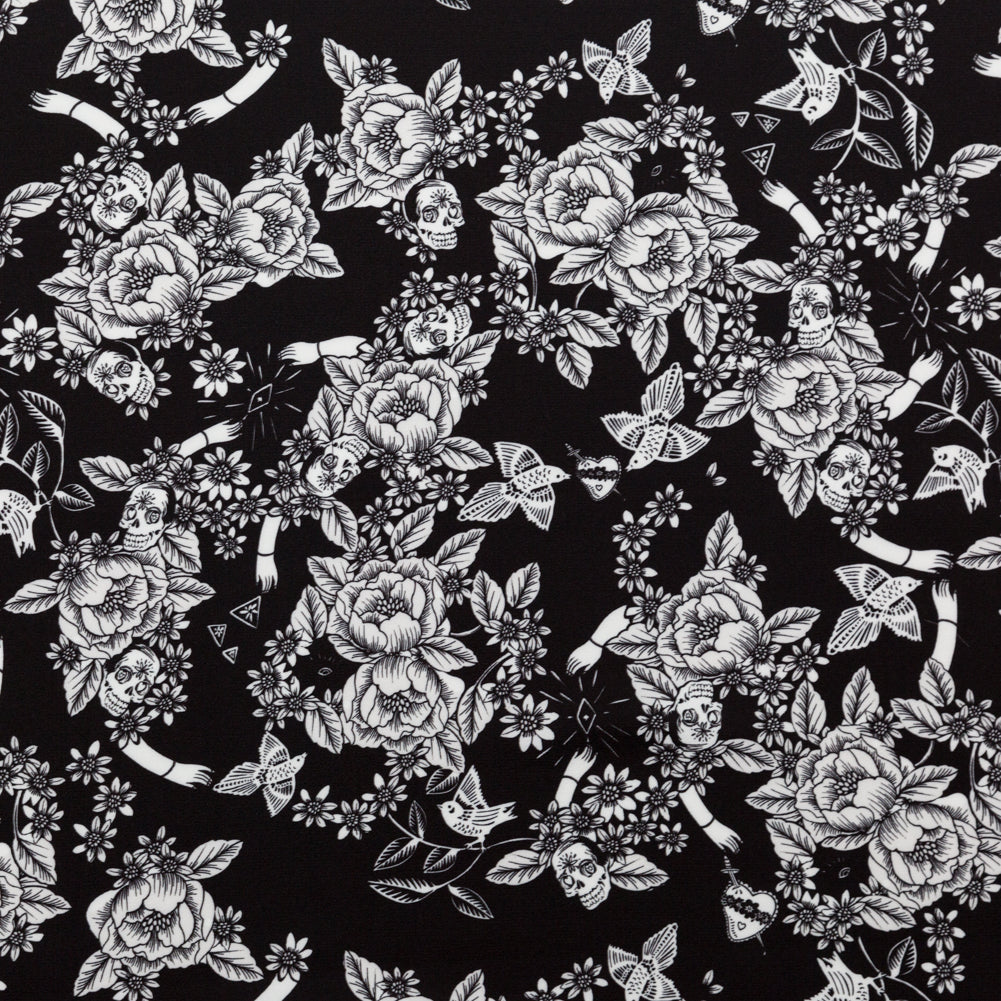 Stretch Polyester Crepe - Black and Star White Roses - Prophetic Dreams Print - Mood Exclusive Crow Collection Stretch Polyester Crepe - Black and Star White Roses - Prophetic Dreams Print - Mood Exclusive Crow Collection