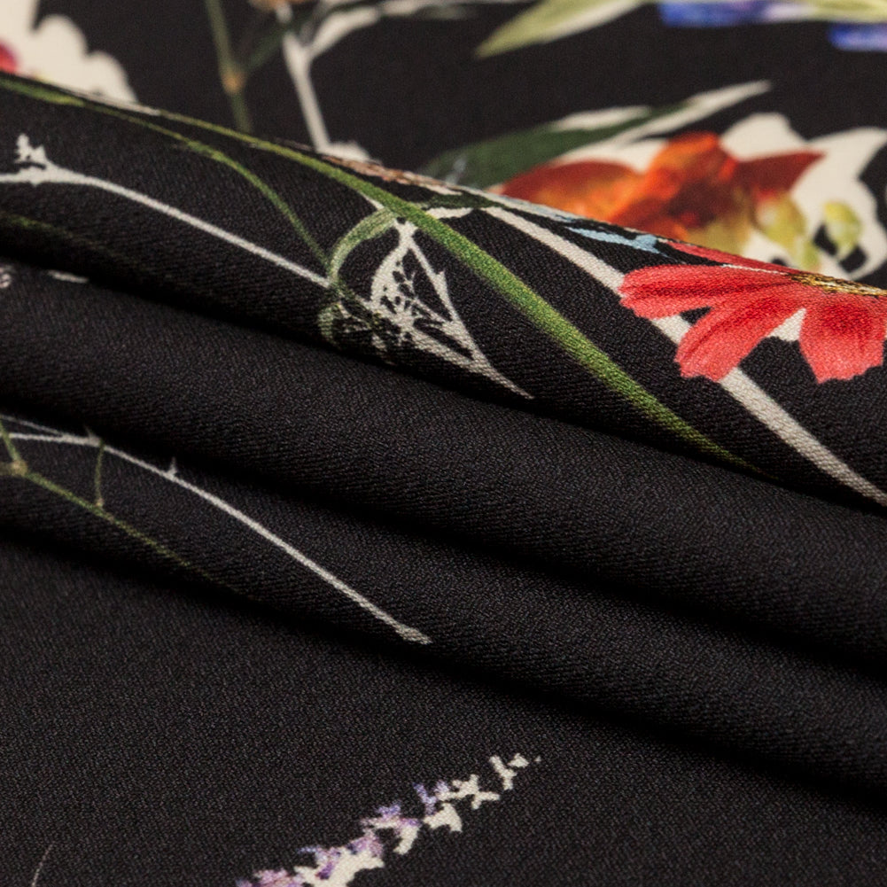 Stretch Polyester Crepe Panel - Black and Rainbow Floral - The Power of Will Print - Mood Exclusive Crow Collection - Folded Stretch Polyester Crepe Panel - Black and Rainbow Floral - The Power of Will Print - Mood Exclusive Crow Collection - Folded