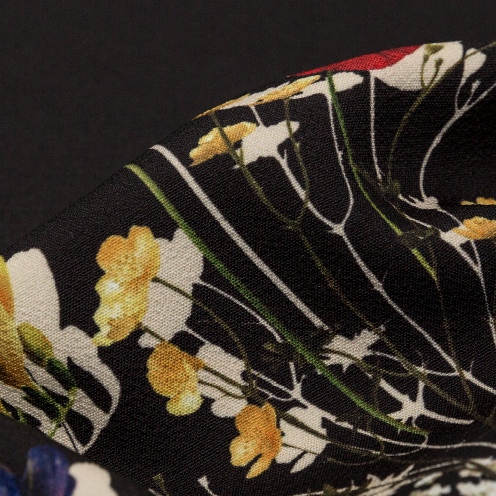 Stretch Polyester Crepe Panel - Black and Rainbow Floral - The Power of Will Print - Mood Exclusive Crow Collection - Detail Stretch Polyester Crepe Panel - Black and Rainbow Floral - The Power of Will Print - Mood Exclusive Crow Collection - Detail