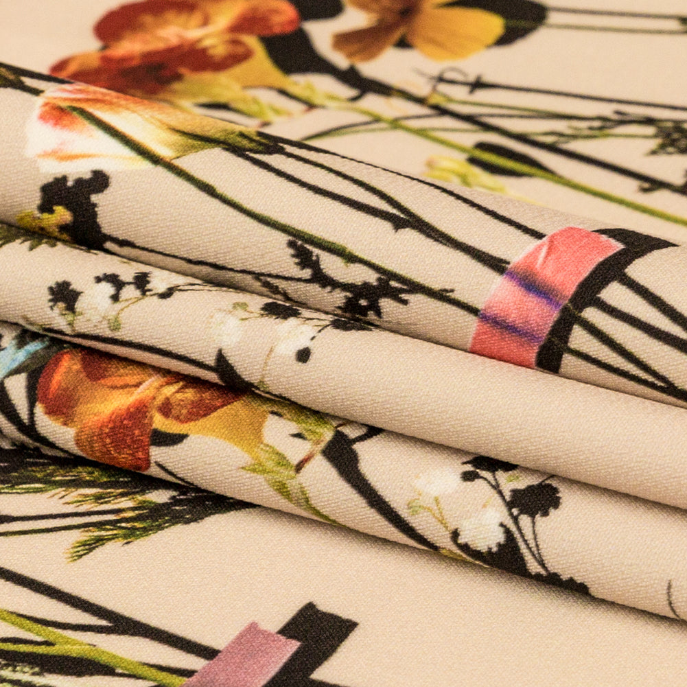 Stretch Polyester Crepe Panel - Cream and Rainbow Floral - The Power of Will Print - Mood Exclusive Crow Collection - Folded Stretch Polyester Crepe Panel - Cream and Rainbow Floral - The Power of Will Print - Mood Exclusive Crow Collection - Folded
