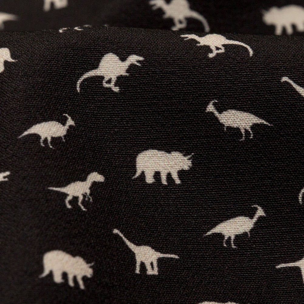 Stretch Polyester Crepe - Black and White Dinosaurs - Allegorical Dreams and Presentiments Print - Mood Exclusive Crow Collection - Detail Stretch Polyester Crepe - Black and White Dinosaurs - Allegorical Dreams and Presentiments Print - Mood Exclusive Crow Collection - Detail