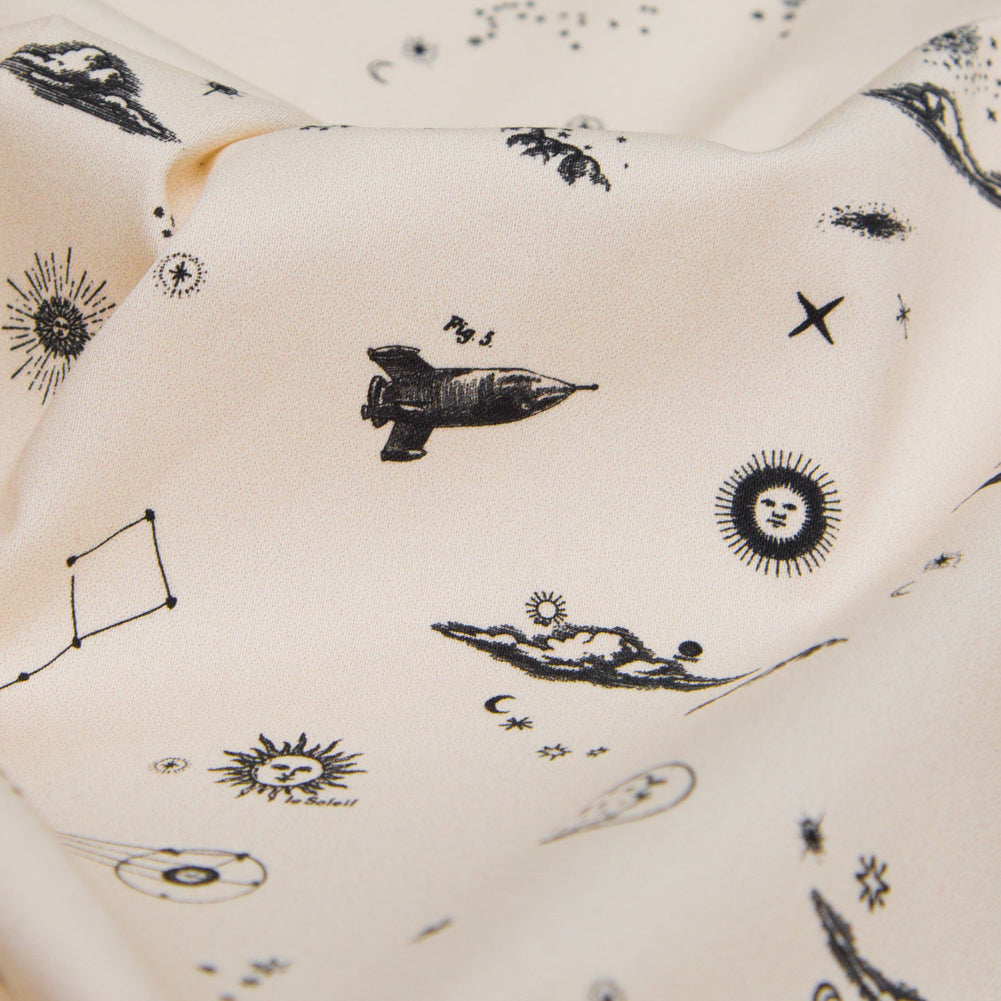 Stretch Cotton Sateen - White Flying Machines and Outer Space - Future That Awaits Us Print - Mood Exclusive Crow Collection