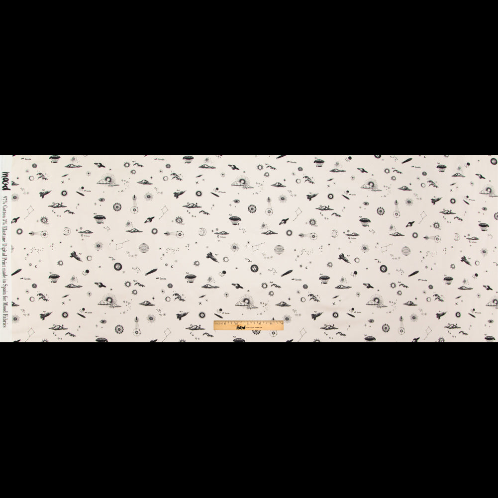 Stretch Cotton Sateen - White Flying Machines and Outer Space - Future That Awaits Us Print - Mood Exclusive Crow Collection