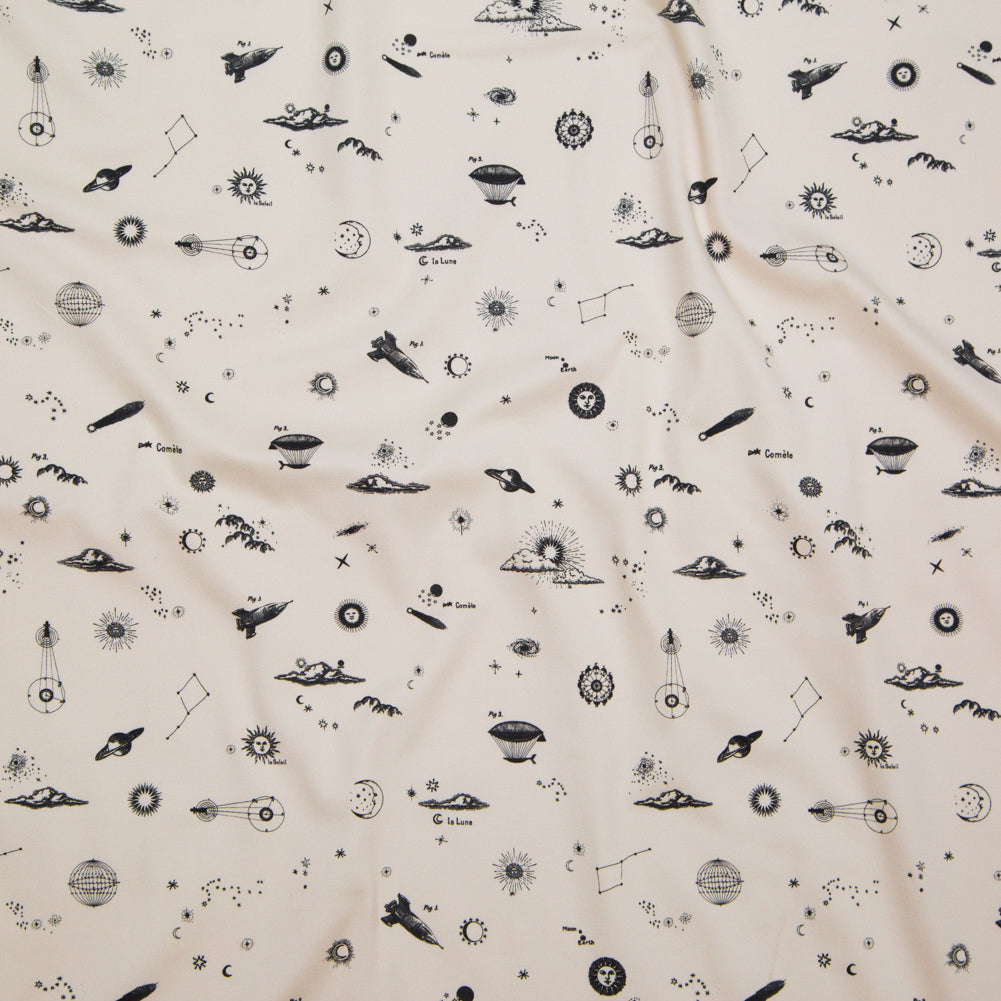 Stretch Cotton Sateen - White Flying Machines and Outer Space - Future That Awaits Us Print - Mood Exclusive Crow Collection