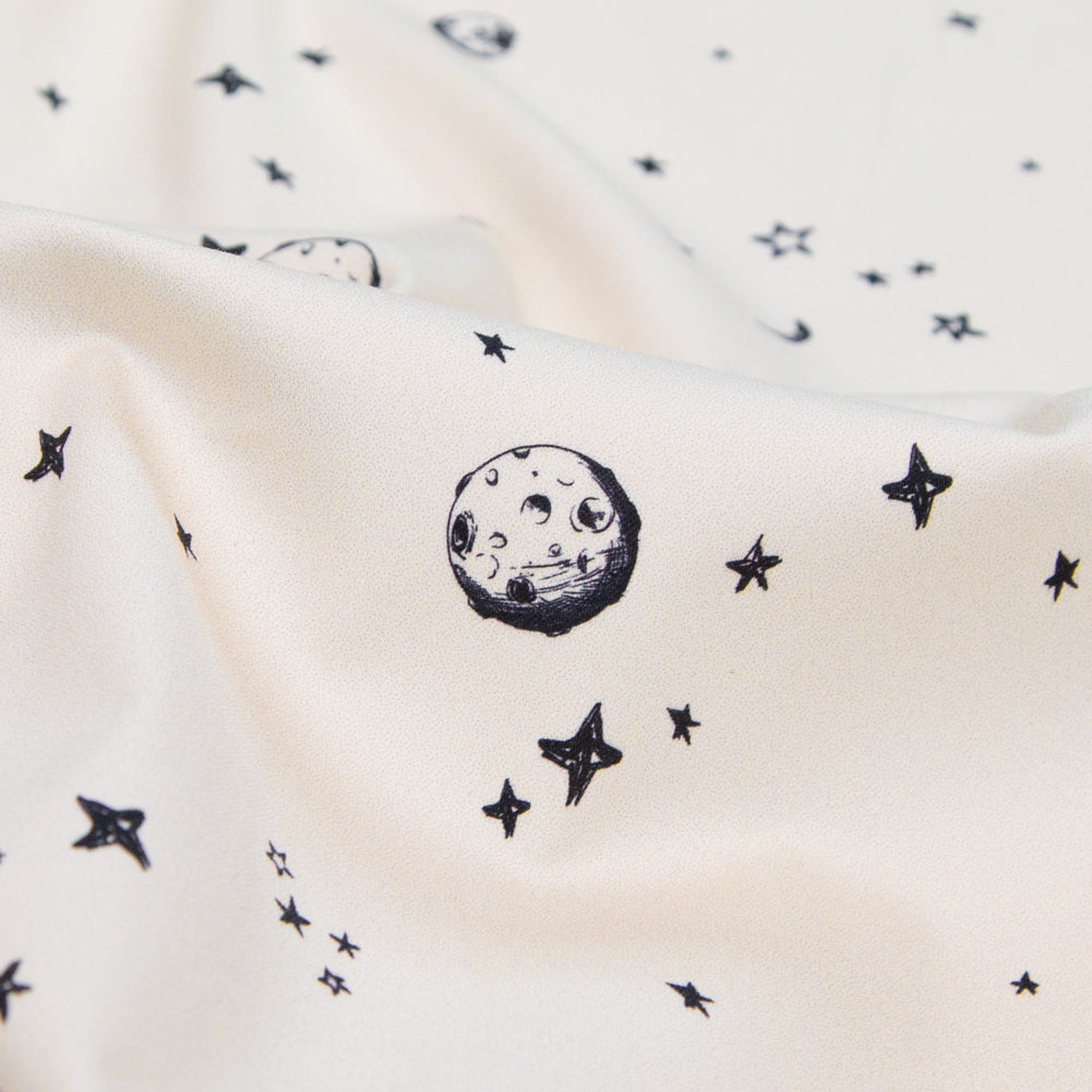 Stretch Cotton Sateen - White Stars and Moons - Garde Chasse Print - Mood Exclusive Crow Collection - Detail Stretch Cotton Sateen - White Stars and Moons - Garde Chasse Print - Mood Exclusive Crow Collection - Detail