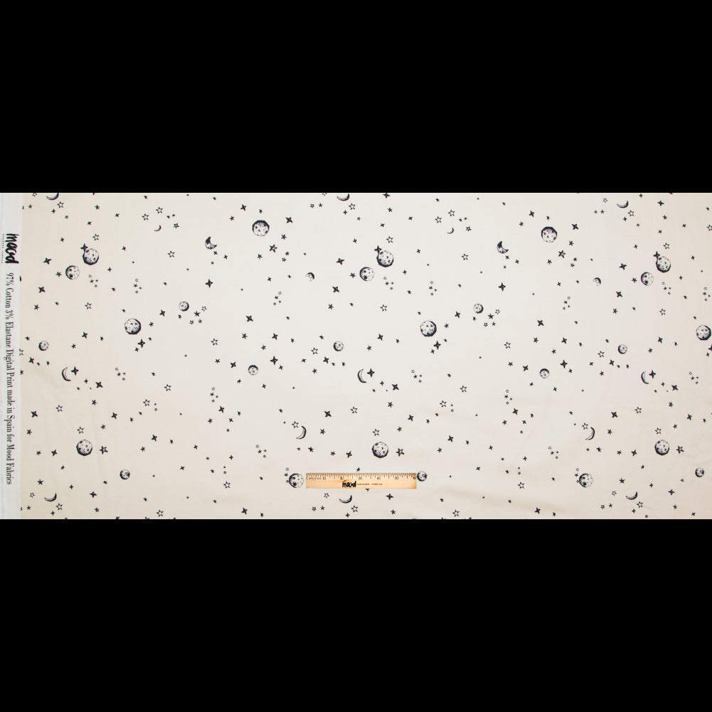 Stretch Cotton Sateen - White Stars and Moons - Garde Chasse Print - Mood Exclusive Crow Collection - Full Stretch Cotton Sateen - White Stars and Moons - Garde Chasse Print - Mood Exclusive Crow Collection - Full