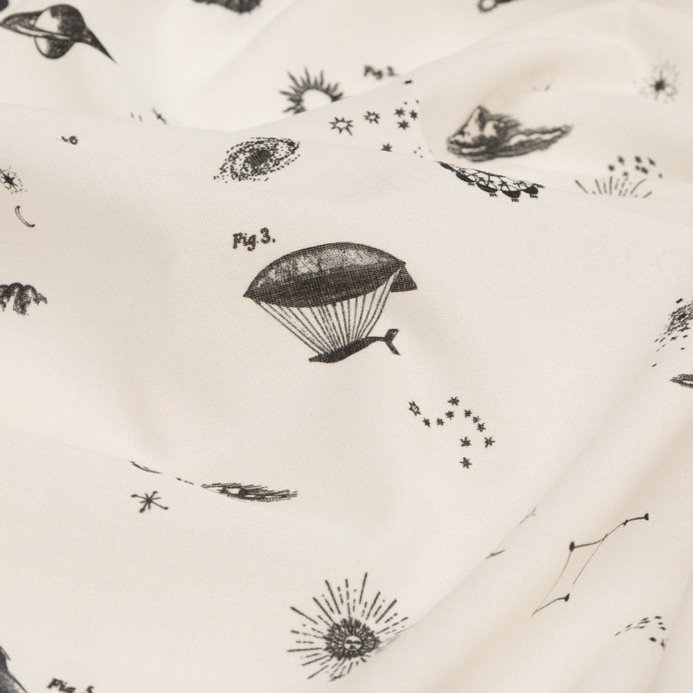 Cotton Voile - White Flying Machines and Outer Space - Future That Awaits Us Print - Mood Exclusive Crow Collection Detail Cotton Voile - White Flying Machines and Outer Space - Future That Awaits Us Print - Mood Exclusive Crow Collection Detail