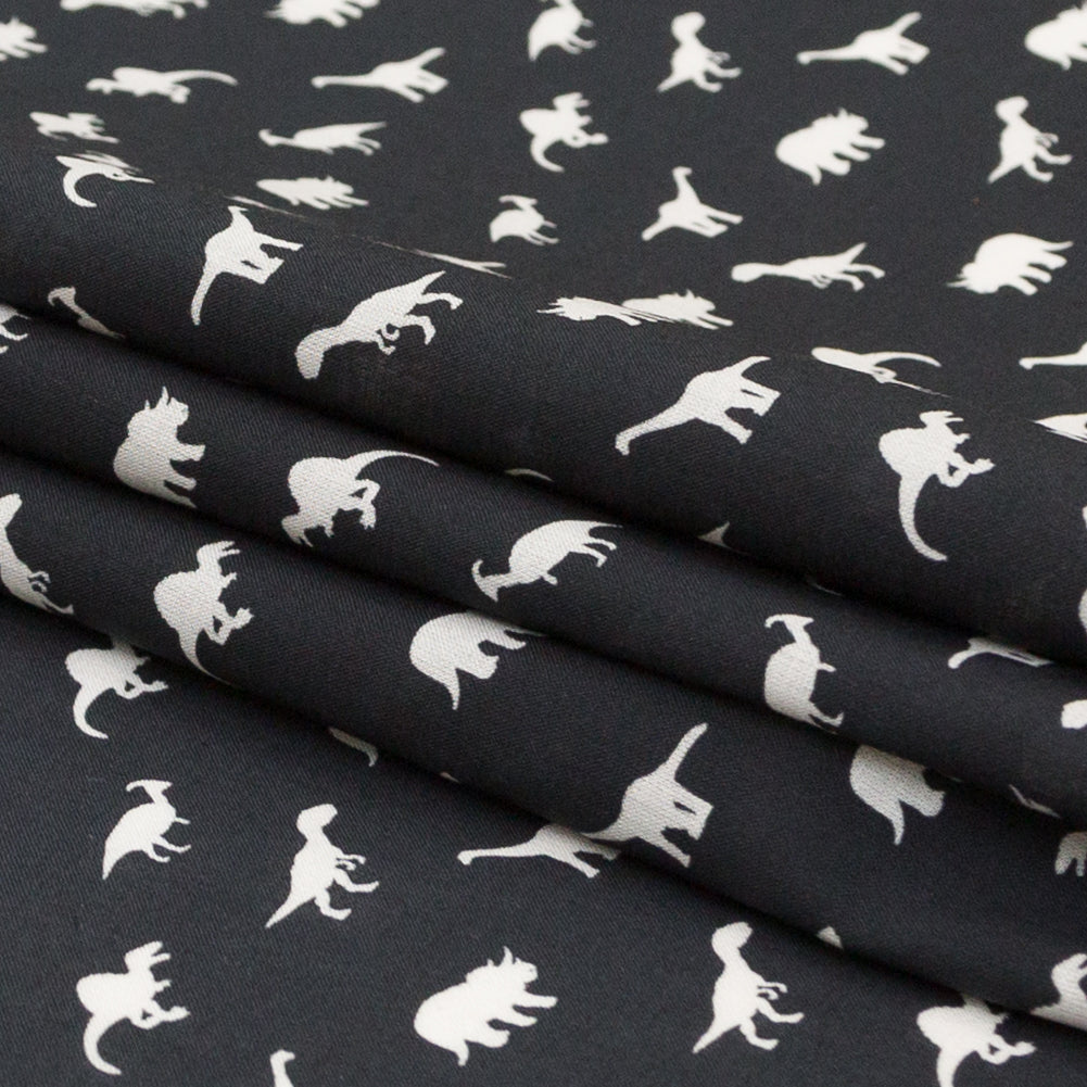 Cotton Voile - Black and White Dinosaurs - Allegorical Dreams and Presentiments Print - Mood Exclusive Crow Collection Folded