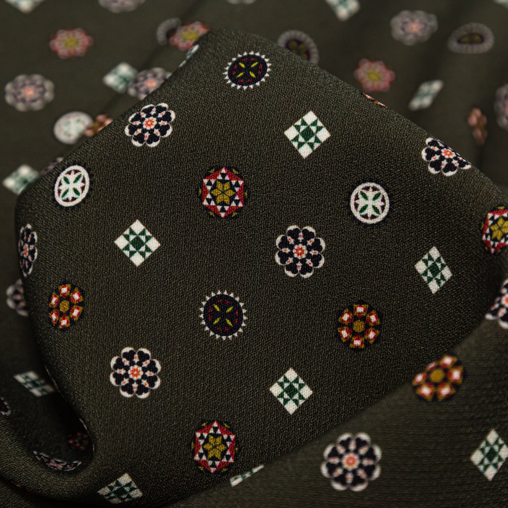 Stretch Polyester Crepe - Olive Green LIttle Medallions - Emblematic Medallions Print - Mood Exclusive Serengeti Collection