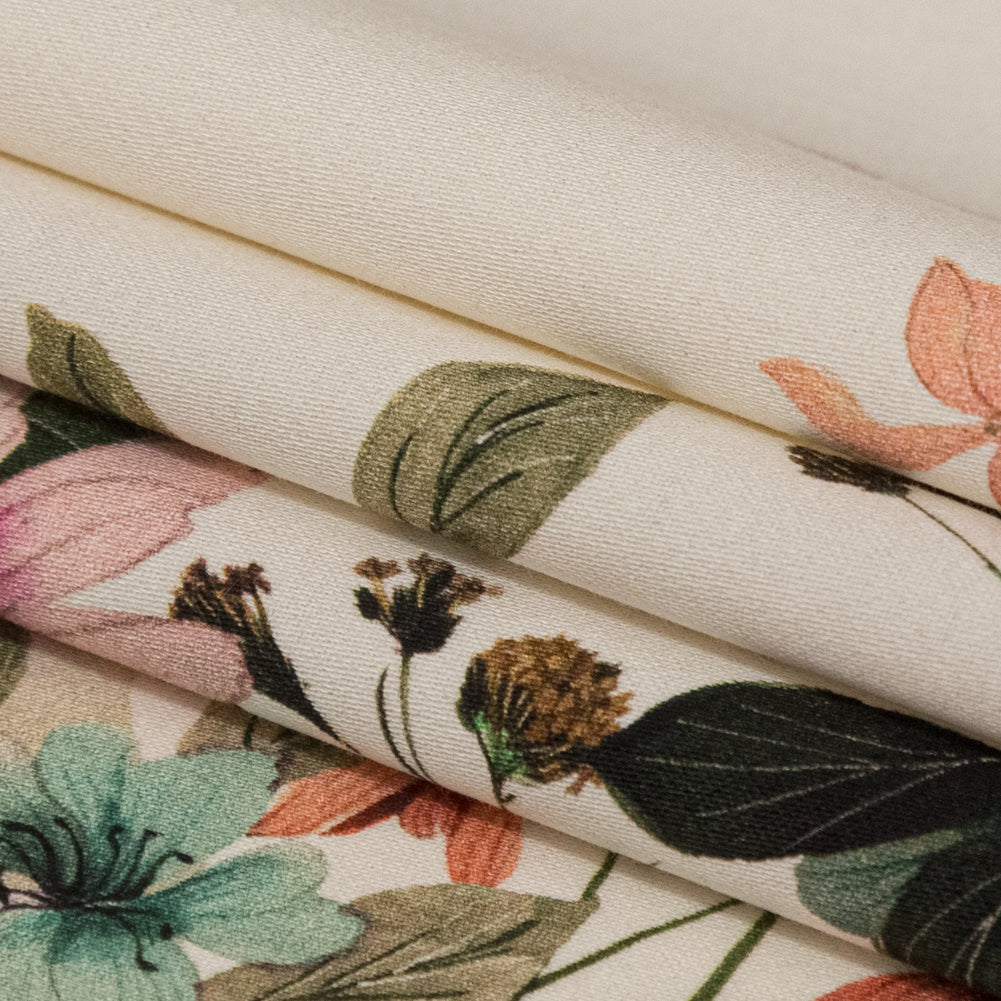 Stretch Cotton Sateen - White and Green Floral Border - Frolicking Florescence Print - Mood Exclusive Serengeti Collection Stretch Cotton Sateen - White and Green Floral Border - Frolicking Florescence Print - Mood Exclusive Serengeti Collection