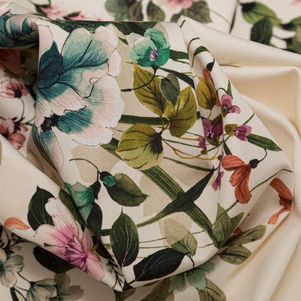 Stretch Cotton Sateen - White and Green Floral Border - Frolicking Florescence Print - Mood Exclusive Serengeti Collection Stretch Cotton Sateen - White and Green Floral Border - Frolicking Florescence Print - Mood Exclusive Serengeti Collection