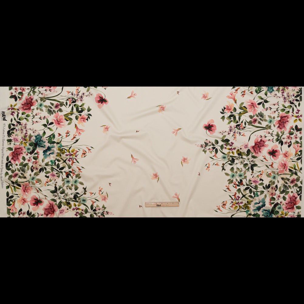 Stretch Cotton Sateen - White and Green Floral Border - Frolicking Florescence Print - Mood Exclusive Serengeti Collection Stretch Cotton Sateen - White and Green Floral Border - Frolicking Florescence Print - Mood Exclusive Serengeti Collection