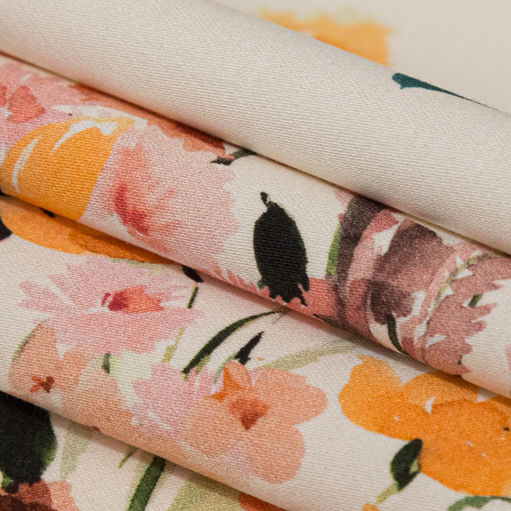 Stretch Cotton Sateen - White Floral Border - Blooming Upwards Print - Mood Exclusive Serengeti Collection Stretch Cotton Sateen - White Floral Border - Blooming Upwards Print - Mood Exclusive Serengeti Collection