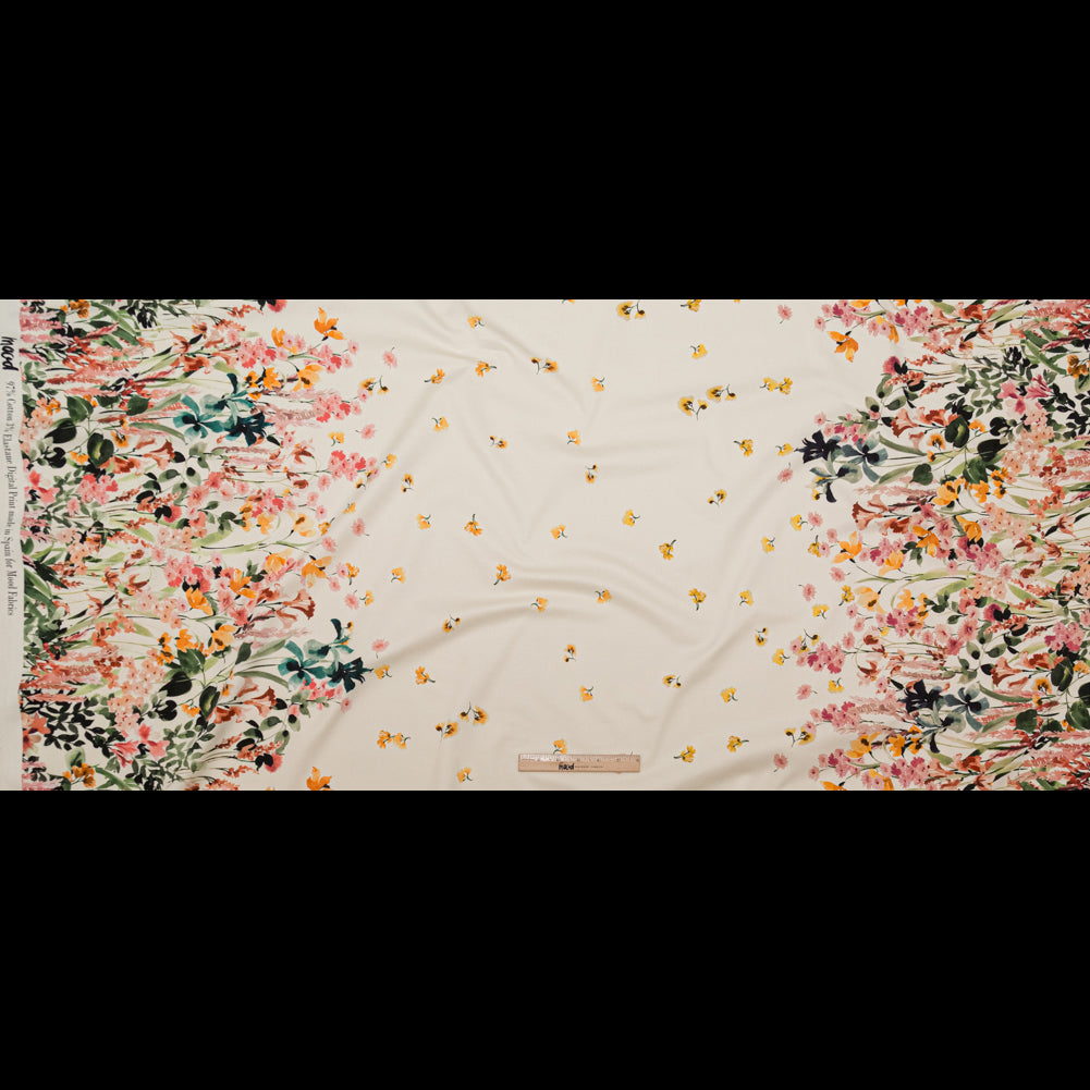 Stretch Cotton Sateen - White Floral Border - Blooming Upwards Print - Mood Exclusive Serengeti Collection Stretch Cotton Sateen - White Floral Border - Blooming Upwards Print - Mood Exclusive Serengeti Collection