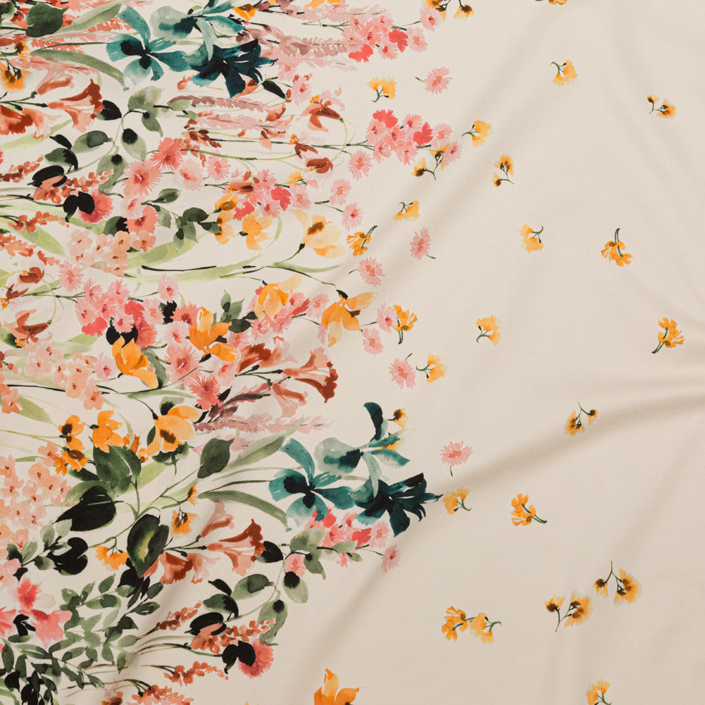 Stretch Cotton Sateen - White Floral Border - Blooming Upwards Print - Mood Exclusive Serengeti Collection Stretch Cotton Sateen - White Floral Border - Blooming Upwards Print - Mood Exclusive Serengeti Collection