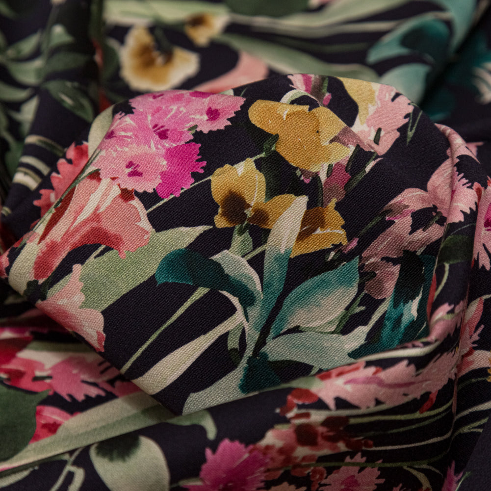 Stretch Cotton Sateen - Navy Floral Border - Blooming Upwards Print - Mood Exclusive Serengeti Collection Stretch Cotton Sateen - Navy Floral Border - Blooming Upwards Print - Mood Exclusive Serengeti Collection