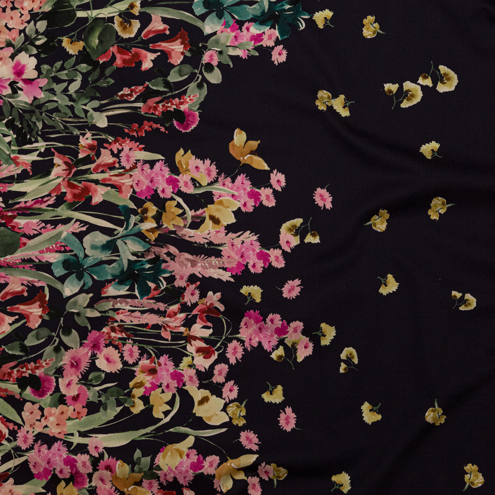 Stretch Cotton Sateen - Navy Floral Border - Blooming Upwards Print - Mood Exclusive Serengeti Collection Stretch Cotton Sateen - Navy Floral Border - Blooming Upwards Print - Mood Exclusive Serengeti Collection