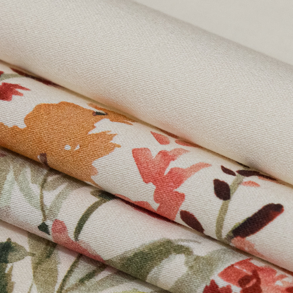 Stretch Cotton Sateen - Pink and Blue Floral Border - Floral Fantasia Print - Mood Exclusive Serengeti Collection Stretch Cotton Sateen - Pink and Blue Floral Border - Floral Fantasia Print - Mood Exclusive Serengeti Collection