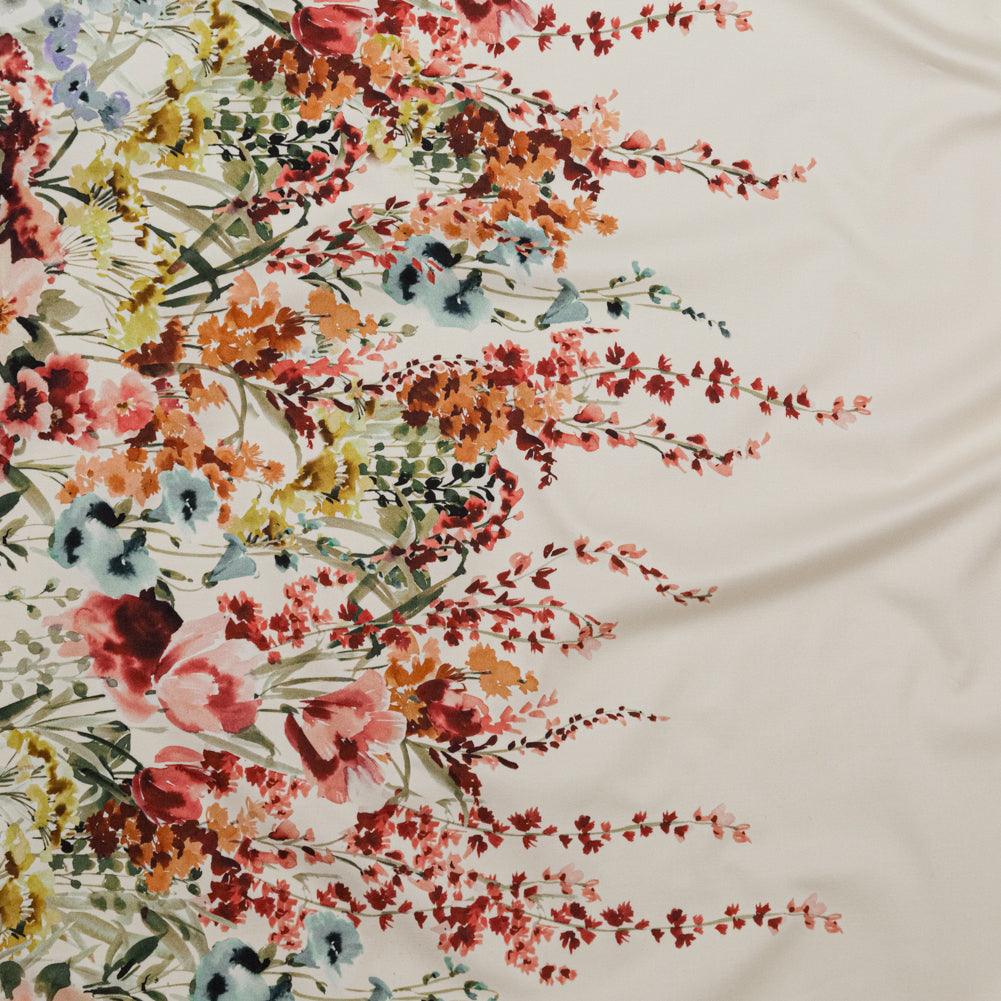 Stretch Cotton Sateen - Pink and Blue Floral Border - Floral Fantasia Print - Mood Exclusive Serengeti Collection Stretch Cotton Sateen - Pink and Blue Floral Border - Floral Fantasia Print - Mood Exclusive Serengeti Collection