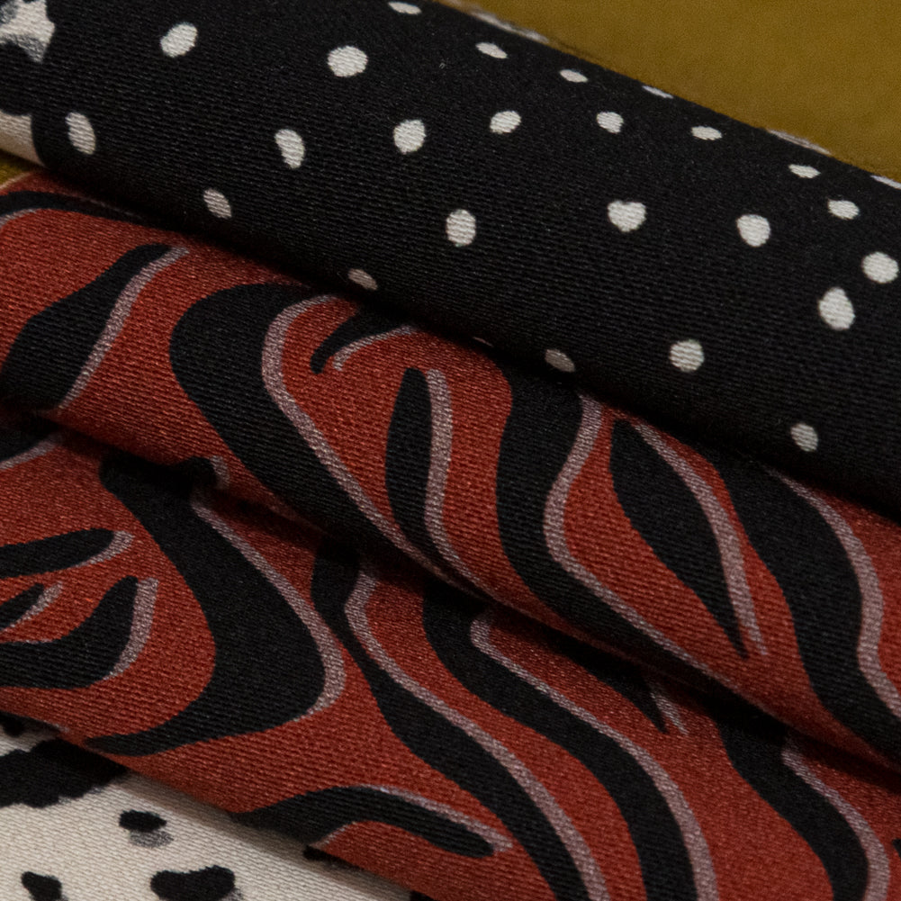 Stretch Cotton Sateen - Yellow, Red and Black Patchwork - Tiled Coalescence Print - Mood Exclusive Serengeti Collection Stretch Cotton Sateen - Yellow, Red and Black Patchwork - Tiled Coalescence Print - Mood Exclusive Serengeti Collection