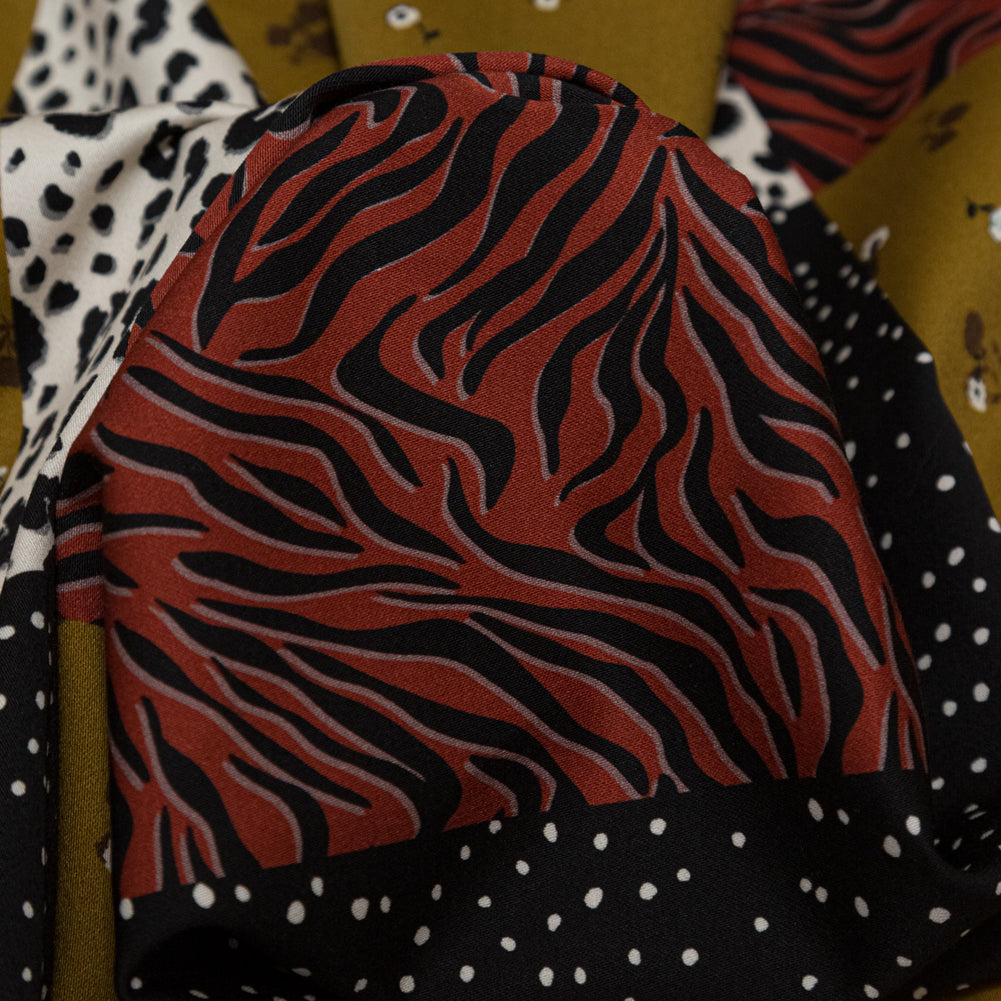 Stretch Cotton Sateen - Yellow, Red and Black Patchwork - Tiled Coalescence Print - Mood Exclusive Serengeti Collection Stretch Cotton Sateen - Yellow, Red and Black Patchwork - Tiled Coalescence Print - Mood Exclusive Serengeti Collection