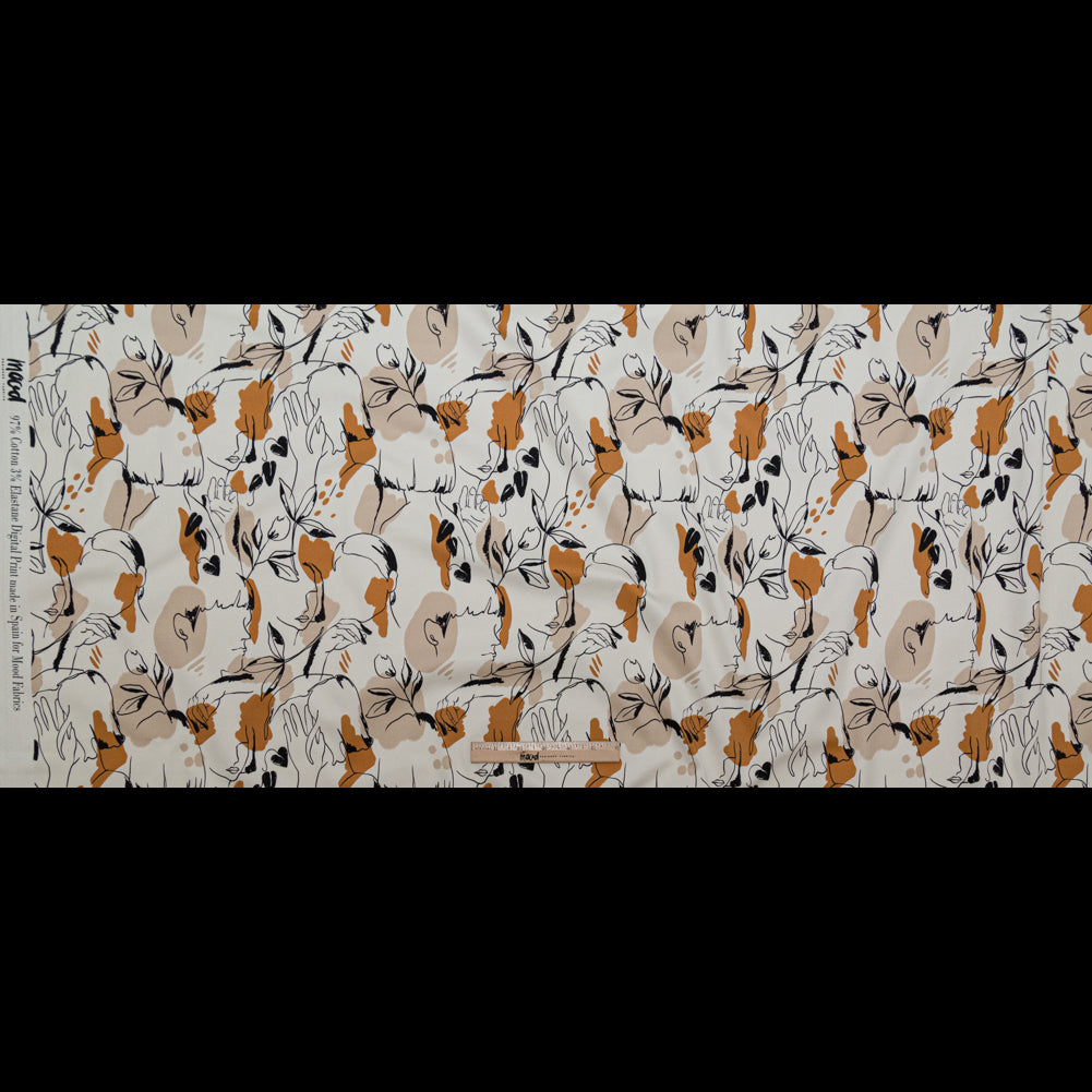 Stretch Cotton Sateen - White Figure Lines - Contoured Personage Print - Mood Exclusive Serengeti Collection Stretch Cotton Sateen - White Figure Lines - Contoured Personage Print - Mood Exclusive Serengeti Collection