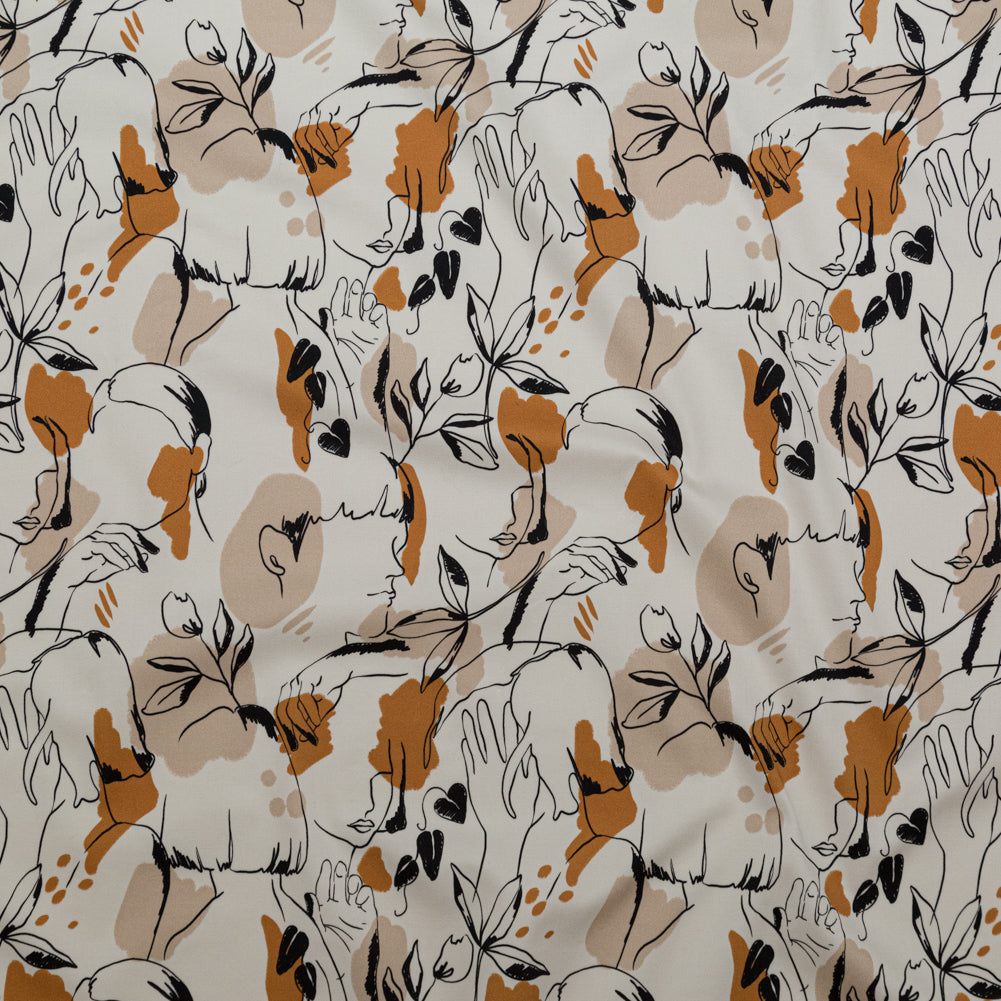 Stretch Cotton Sateen - White Figure Lines - Contoured Personage Print - Mood Exclusive Serengeti Collection Stretch Cotton Sateen - White Figure Lines - Contoured Personage Print - Mood Exclusive Serengeti Collection