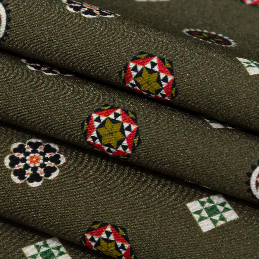 Stretch Cotton Sateen - Olive Green LIttle Medallions - Emblematic Medallions Print - Mood Exclusive Serengeti Collection Stretch Cotton Sateen - Olive Green LIttle Medallions - Emblematic Medallions Print - Mood Exclusive Serengeti Collection