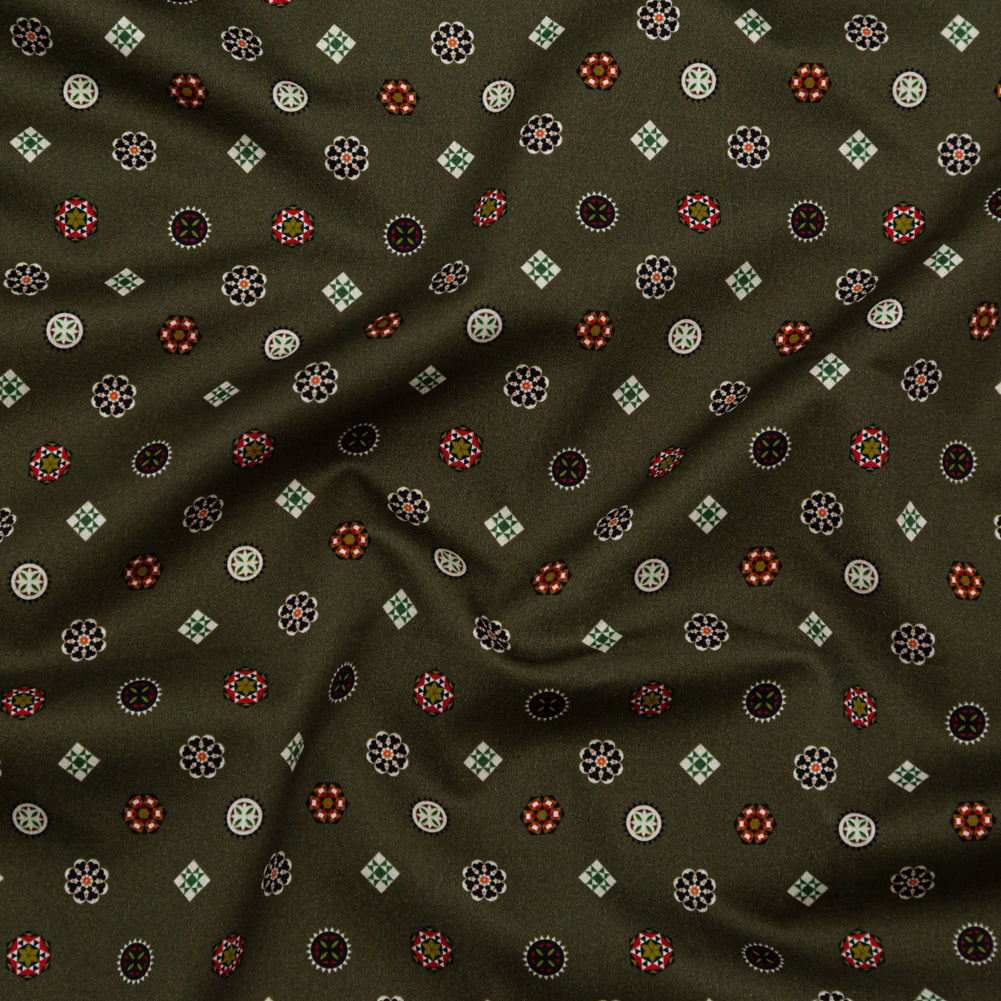 Stretch Cotton Sateen - Olive Green LIttle Medallions - Emblematic Medallions Print - Mood Exclusive Serengeti Collection Stretch Cotton Sateen - Olive Green LIttle Medallions - Emblematic Medallions Print - Mood Exclusive Serengeti Collection