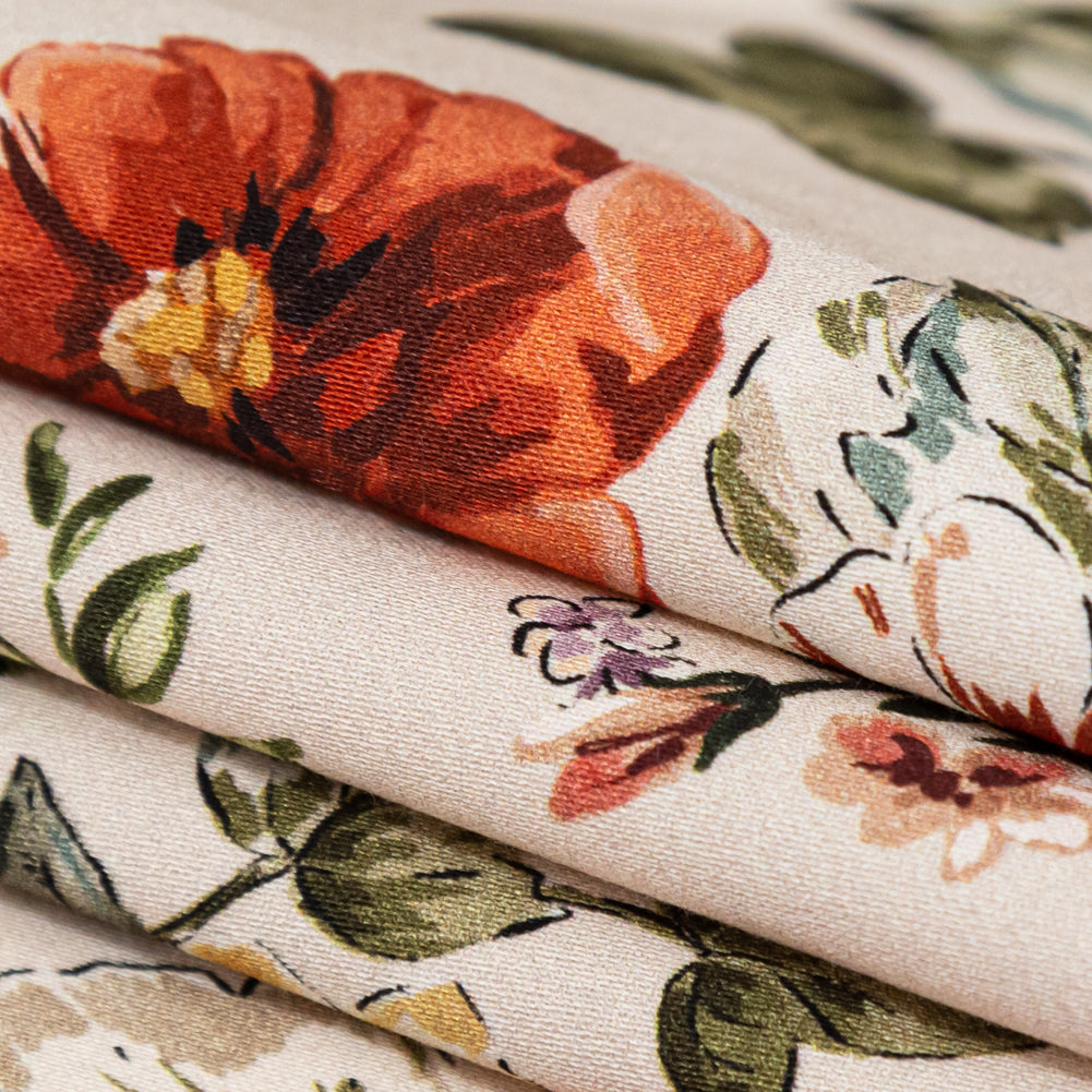 Stretch Cotton Sateen - Cream and Red Floral - Passive Petals Print - Mood Exclusive Serengeti Collection Stretch Cotton Sateen - Cream and Red Floral - Passive Petals Print - Mood Exclusive Serengeti Collection