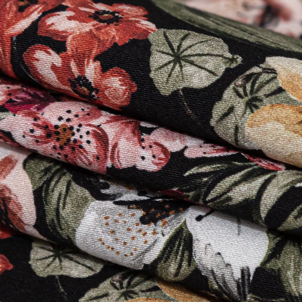 Stretch Cotton Sateen - Black Flowers - Floral Overflow Print - Mood Exclusive Serengeti Collection Stretch Cotton Sateen - Black Flowers - Floral Overflow Print - Mood Exclusive Serengeti Collection