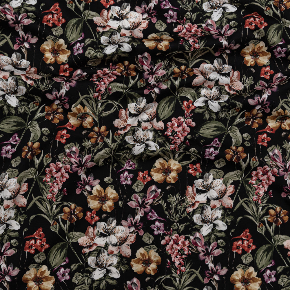 Stretch Cotton Sateen - Black Flowers - Floral Overflow Print - Mood Exclusive Serengeti Collection Stretch Cotton Sateen - Black Flowers - Floral Overflow Print - Mood Exclusive Serengeti Collection
