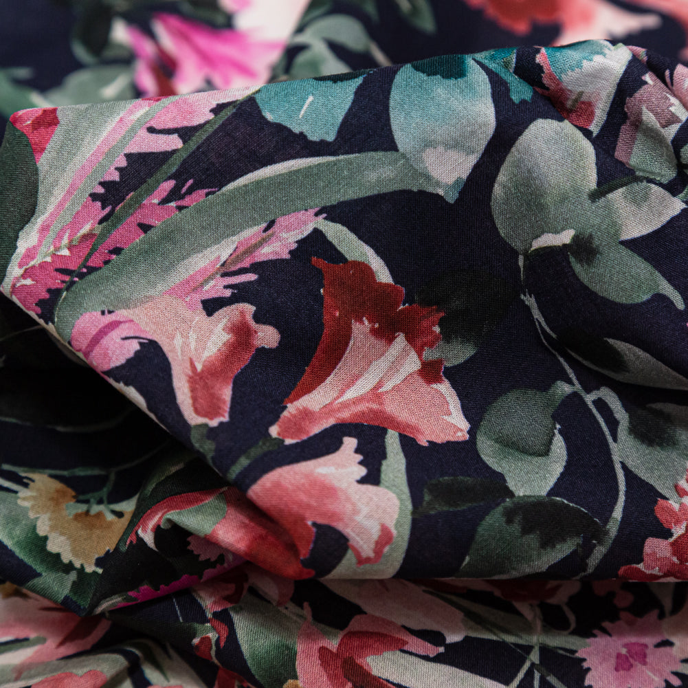 Cotton Voile - Navy Floral Border - Blooming Upwards Print - Mood Exclusive Serengeti Collection Cotton Voile - Navy Floral Border - Blooming Upwards Print - Mood Exclusive Serengeti Collection