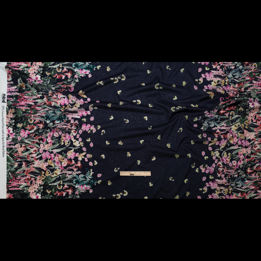 Cotton Voile - Navy Floral Border - Blooming Upwards Print - Mood Exclusive Serengeti Collection Cotton Voile - Navy Floral Border - Blooming Upwards Print - Mood Exclusive Serengeti Collection
