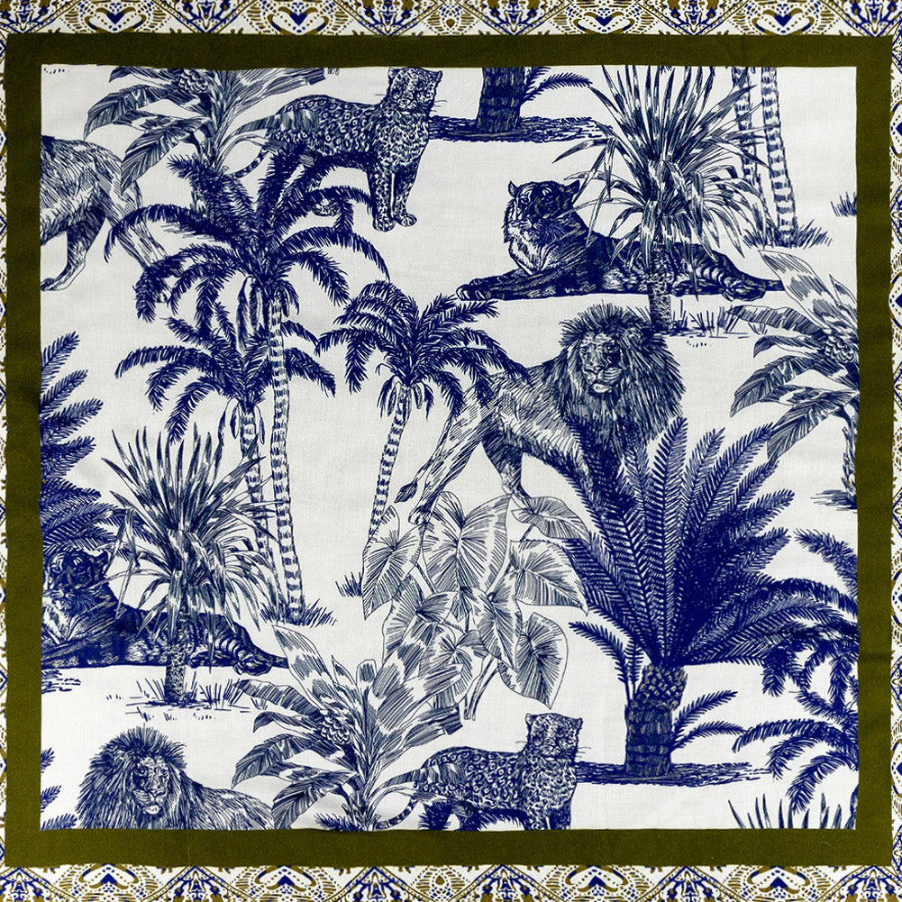 Rayon Challis Panel - Blue and White Big Cats and Leaves - Grimalkin Glare Print - Mood Exclusive Tumunyana Collection Rayon Challis Panel - Blue and White Big Cats and Leaves - Grimalkin Glare Print - Mood Exclusive Tumunyana Collection