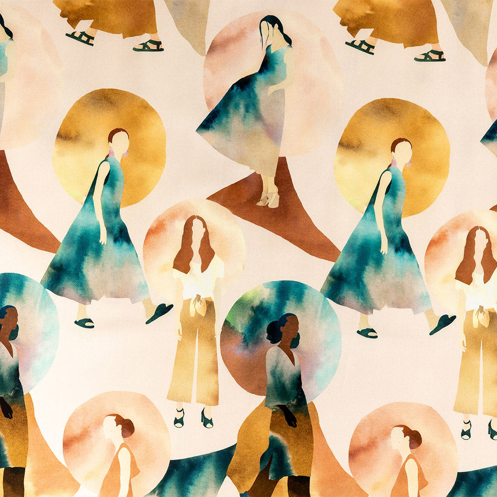 Stretch Cotton Sateen - Multi Watercolor Figures and Shapes - Wayfaring Woman Print - Mood Exclusive Tumunyana Collection Stretch Cotton Sateen - Multi Watercolor Figures and Shapes - Wayfaring Woman Print - Mood Exclusive Tumunyana Collection