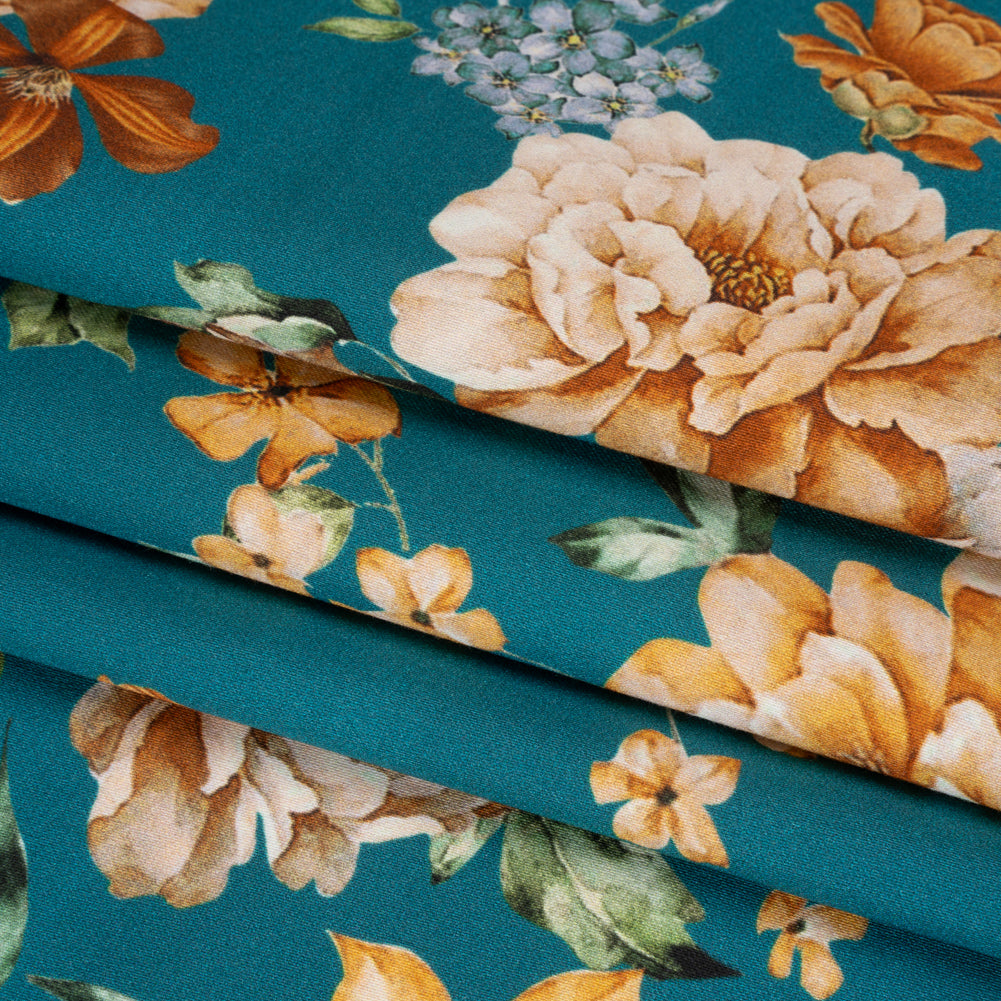 Stretch Cotton Sateen - Teal and Orange Floral - Peony Prowess Print - Mood Exclusive Tumunyana Collection Stretch Cotton Sateen - Teal and Orange Floral - Peony Prowess Print - Mood Exclusive Tumunyana Collection