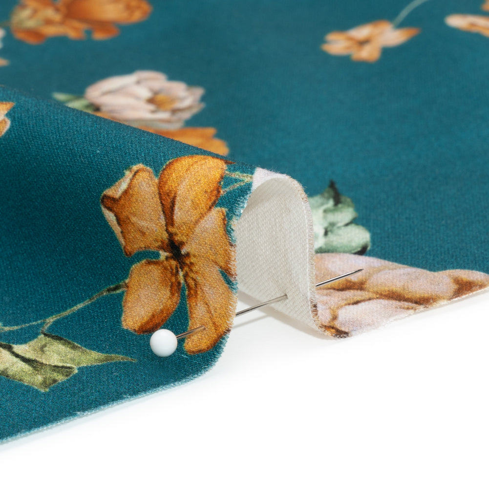 Stretch Cotton Sateen - Teal and Orange Floral - Peony Prowess Print - Mood Exclusive Tumunyana Collection Stretch Cotton Sateen - Teal and Orange Floral - Peony Prowess Print - Mood Exclusive Tumunyana Collection