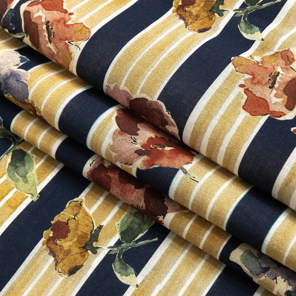 Cotton Voile - Yellow and Navy Floral over Stripes - Harmonious Hibiscus Print - Mood Exclusive Tumunyana Collection Folded Cotton Voile - Yellow and Navy Floral over Stripes - Harmonious Hibiscus Print - Mood Exclusive Tumunyana Collection Folded