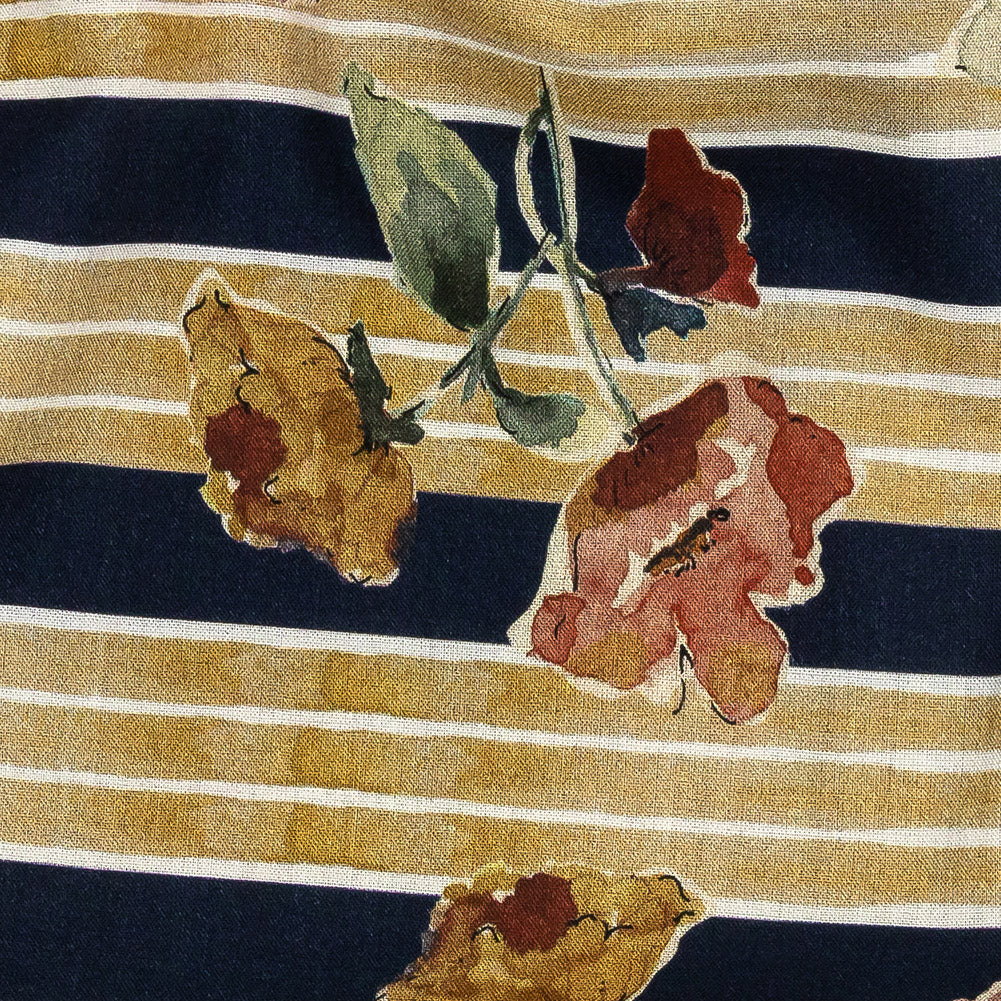 Cotton Voile - Yellow and Navy Floral over Stripes - Harmonious Hibiscus Print - Mood Exclusive Tumunyana Collection Detail Cotton Voile - Yellow and Navy Floral over Stripes - Harmonious Hibiscus Print - Mood Exclusive Tumunyana Collection Detail