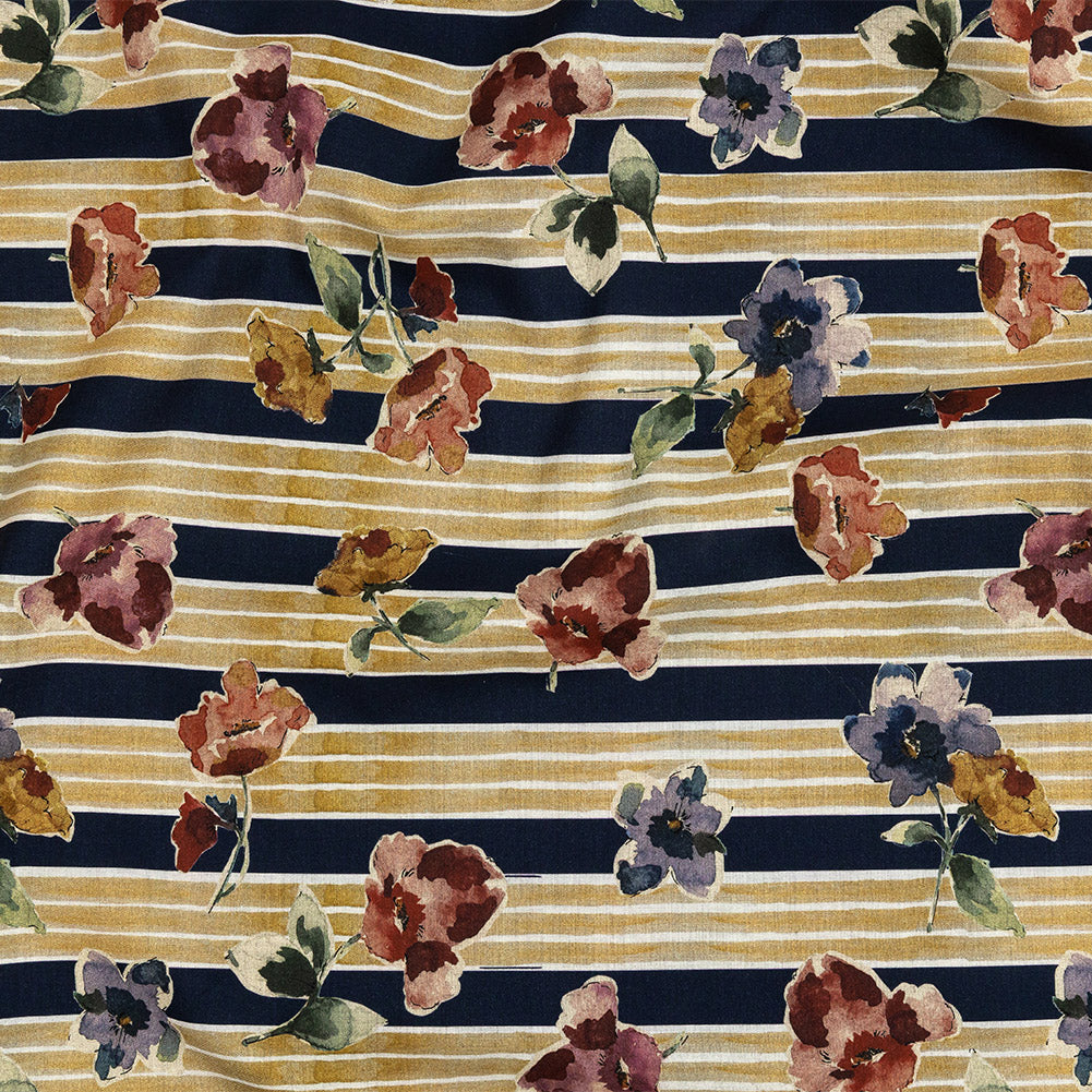 Cotton Voile - Yellow and Navy Floral over Stripes - Harmonious Hibiscus Print - Mood Exclusive Tumunyana Collection Cotton Voile - Yellow and Navy Floral over Stripes - Harmonious Hibiscus Print - Mood Exclusive Tumunyana Collection