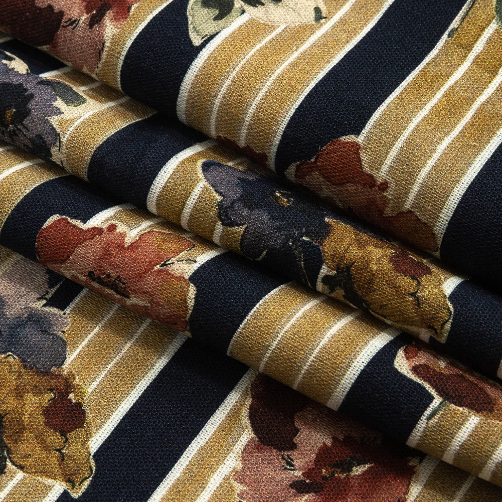 Linen and Rayon Woven - Yellow and Navy Floral over Stripes - Harmonious Hibiscus Print - Mood Exclusive Tumunyana Collection - Folded Linen and Rayon Woven - Yellow and Navy Floral over Stripes - Harmonious Hibiscus Print - Mood Exclusive Tumunyana Collection - Folded