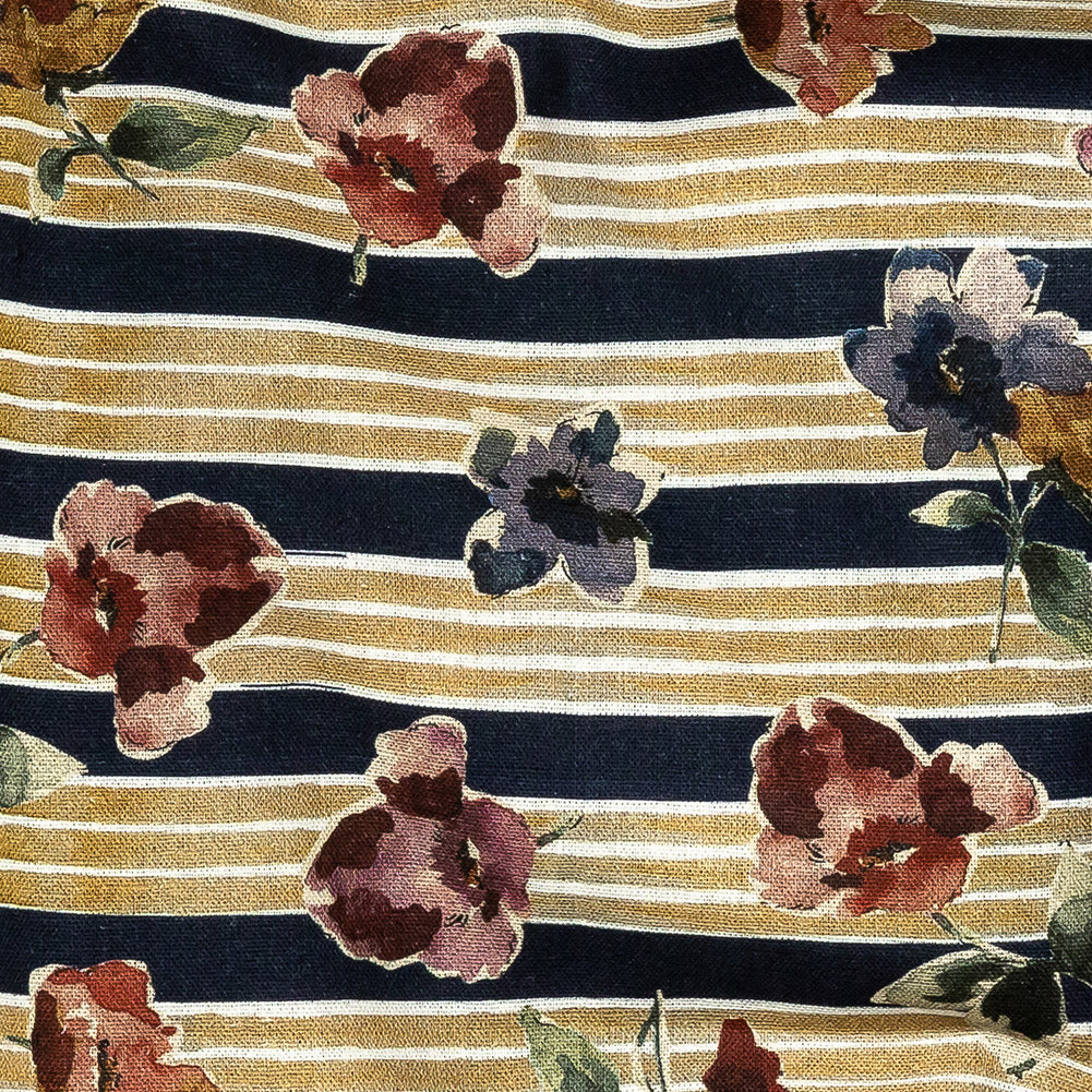 Linen and Rayon Woven - Yellow and Navy Floral over Stripes - Harmonious Hibiscus Print - Mood Exclusive Tumunyana Collection - Detail Linen and Rayon Woven - Yellow and Navy Floral over Stripes - Harmonious Hibiscus Print - Mood Exclusive Tumunyana Collection - Detail