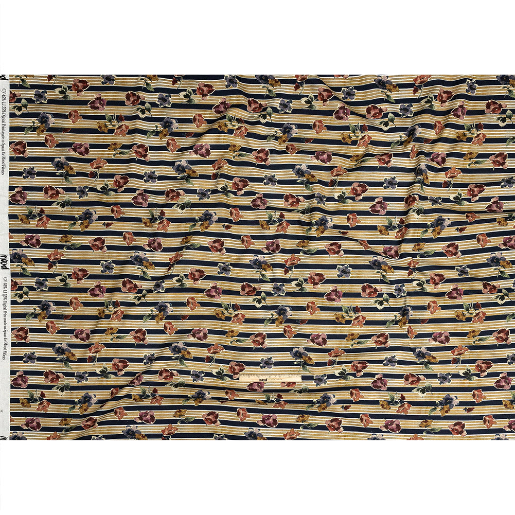 Linen and Rayon Woven - Yellow and Navy Floral over Stripes - Harmonious Hibiscus Print - Mood Exclusive Tumunyana Collection - Full Linen and Rayon Woven - Yellow and Navy Floral over Stripes - Harmonious Hibiscus Print - Mood Exclusive Tumunyana Collection - Full