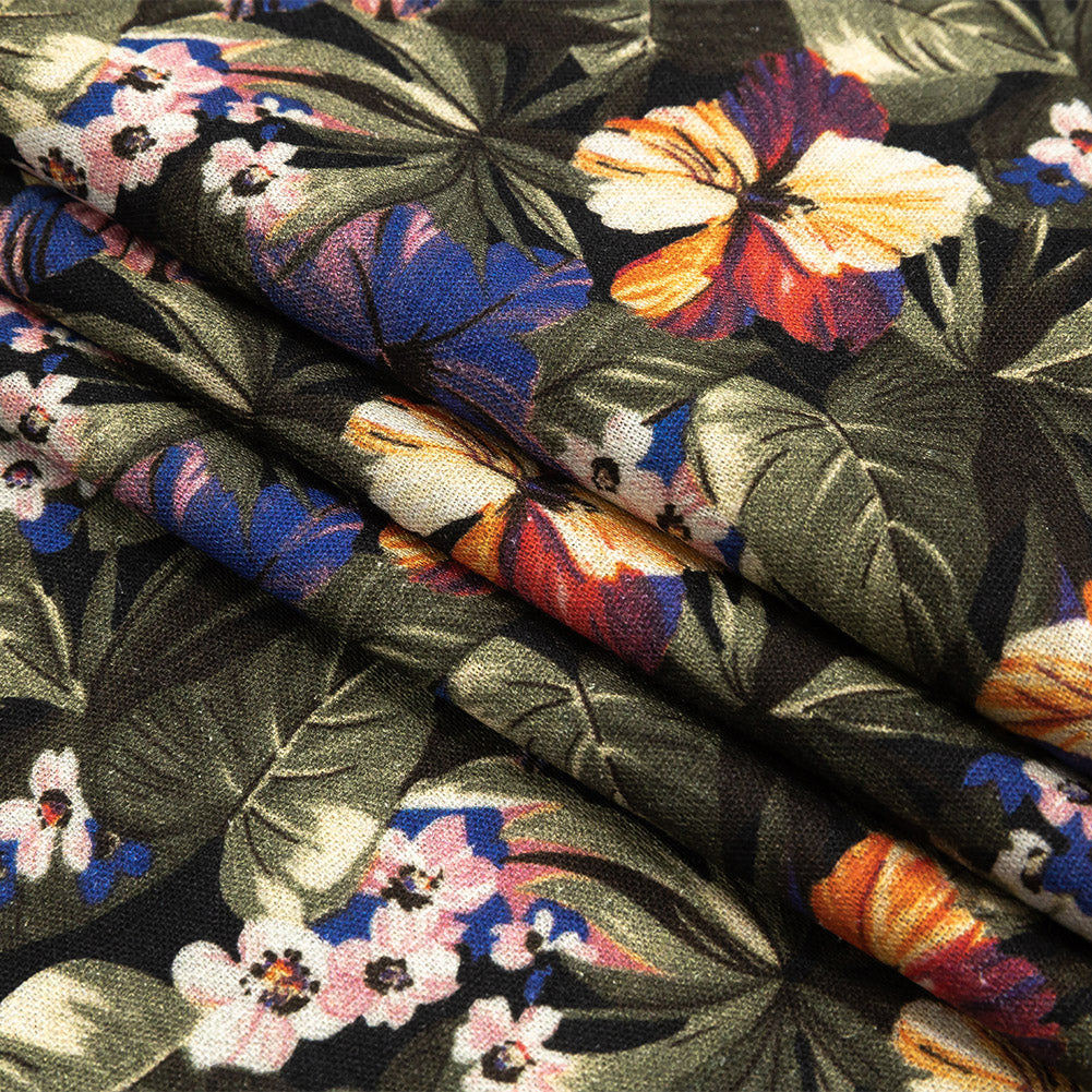 Linen and Rayon Woven - Green and Blue Tropical Floral - Virescent Vignette Print - Mood Exclusive Tumunyana Collection Linen and Rayon Woven - Green and Blue Tropical Floral - Virescent Vignette Print - Mood Exclusive Tumunyana Collection